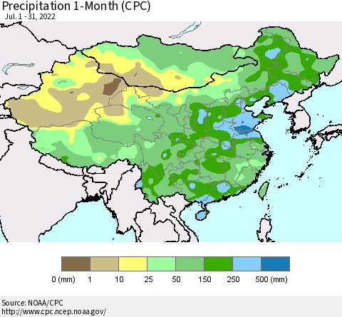 China, Mongolia and Taiwan Precipitation 1-Month (CPC) Thematic Map For 7/1/2022 - 7/31/2022