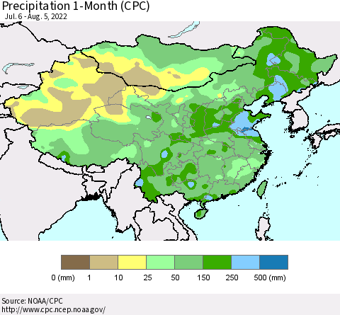 China, Mongolia and Taiwan Precipitation 1-Month (CPC) Thematic Map For 7/6/2022 - 8/5/2022