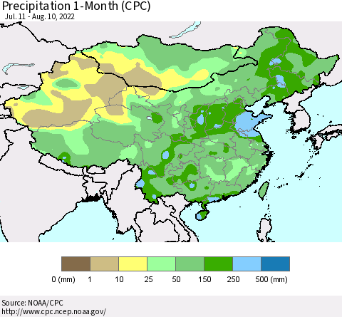 China, Mongolia and Taiwan Precipitation 1-Month (CPC) Thematic Map For 7/11/2022 - 8/10/2022