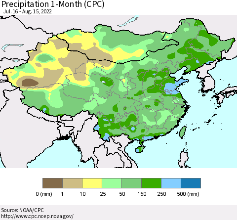 China, Mongolia and Taiwan Precipitation 1-Month (CPC) Thematic Map For 7/16/2022 - 8/15/2022