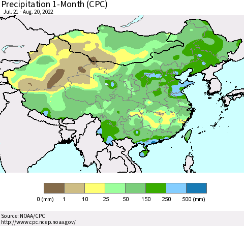 China, Mongolia and Taiwan Precipitation 1-Month (CPC) Thematic Map For 7/21/2022 - 8/20/2022