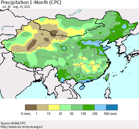 China, Mongolia and Taiwan Precipitation 1-Month (CPC) Thematic Map For 7/26/2022 - 8/25/2022