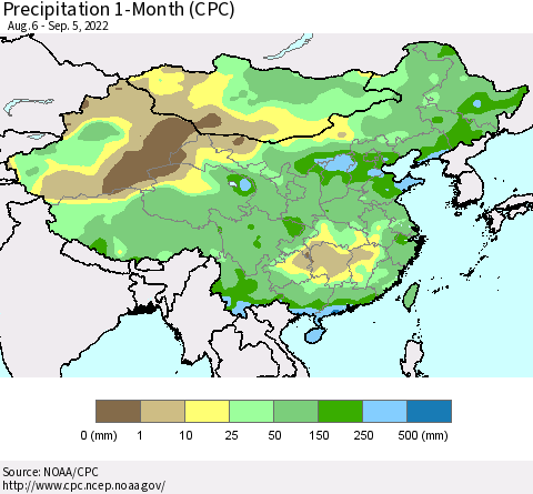 China, Mongolia and Taiwan Precipitation 1-Month (CPC) Thematic Map For 8/6/2022 - 9/5/2022