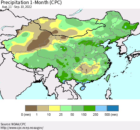 China, Mongolia and Taiwan Precipitation 1-Month (CPC) Thematic Map For 8/11/2022 - 9/10/2022