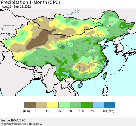 China, Mongolia and Taiwan Precipitation 1-Month (CPC) Thematic Map For 8/16/2022 - 9/15/2022