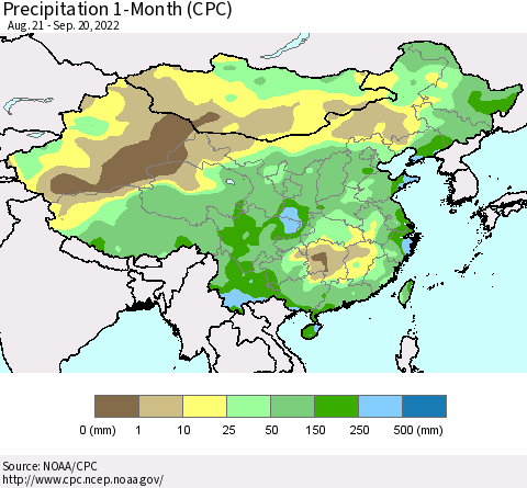 China, Mongolia and Taiwan Precipitation 1-Month (CPC) Thematic Map For 8/21/2022 - 9/20/2022