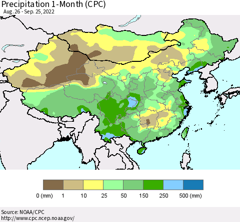 China, Mongolia and Taiwan Precipitation 1-Month (CPC) Thematic Map For 8/26/2022 - 9/25/2022