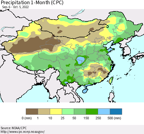 China, Mongolia and Taiwan Precipitation 1-Month (CPC) Thematic Map For 9/6/2022 - 10/5/2022