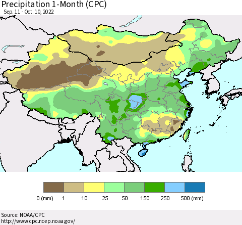 China, Mongolia and Taiwan Precipitation 1-Month (CPC) Thematic Map For 9/11/2022 - 10/10/2022