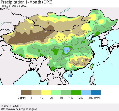 China, Mongolia and Taiwan Precipitation 1-Month (CPC) Thematic Map For 9/16/2022 - 10/15/2022