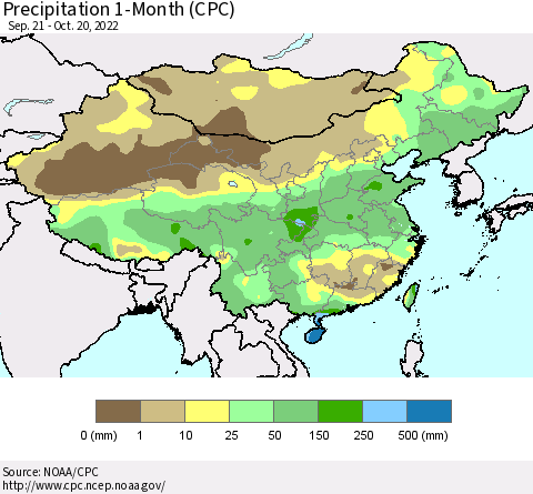 China, Mongolia and Taiwan Precipitation 1-Month (CPC) Thematic Map For 9/21/2022 - 10/20/2022