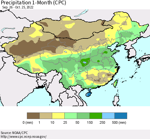 China, Mongolia and Taiwan Precipitation 1-Month (CPC) Thematic Map For 9/26/2022 - 10/25/2022