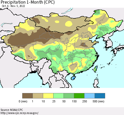 China, Mongolia and Taiwan Precipitation 1-Month (CPC) Thematic Map For 10/6/2022 - 11/5/2022