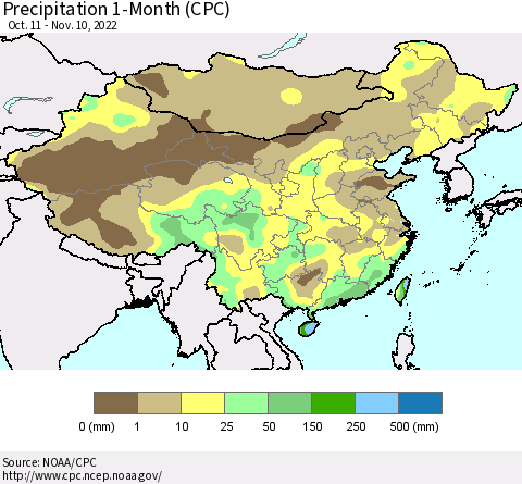China, Mongolia and Taiwan Precipitation 1-Month (CPC) Thematic Map For 10/11/2022 - 11/10/2022