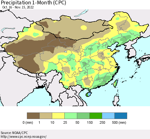 China, Mongolia and Taiwan Precipitation 1-Month (CPC) Thematic Map For 10/16/2022 - 11/15/2022
