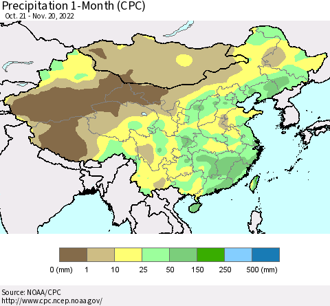 China, Mongolia and Taiwan Precipitation 1-Month (CPC) Thematic Map For 10/21/2022 - 11/20/2022