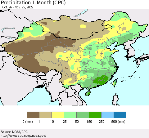 China, Mongolia and Taiwan Precipitation 1-Month (CPC) Thematic Map For 10/26/2022 - 11/25/2022