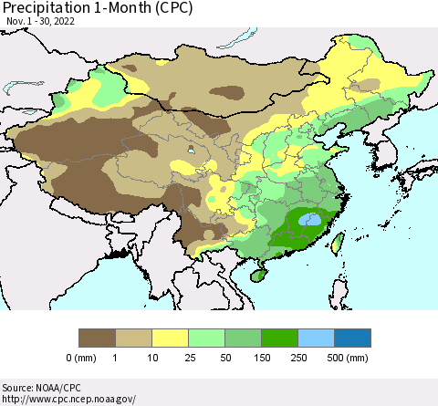 China, Mongolia and Taiwan Precipitation 1-Month (CPC) Thematic Map For 11/1/2022 - 11/30/2022