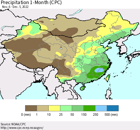 China, Mongolia and Taiwan Precipitation 1-Month (CPC) Thematic Map For 11/6/2022 - 12/5/2022