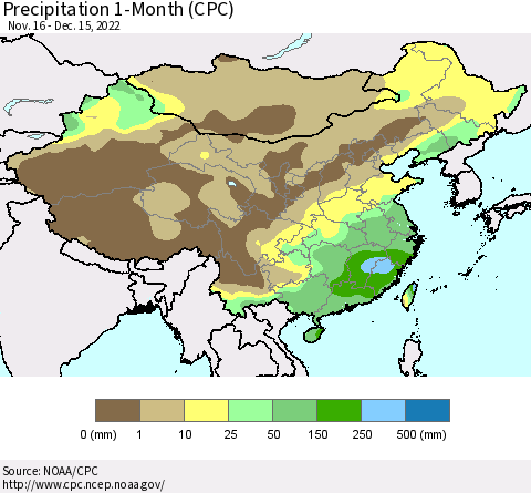 China, Mongolia and Taiwan Precipitation 1-Month (CPC) Thematic Map For 11/16/2022 - 12/15/2022