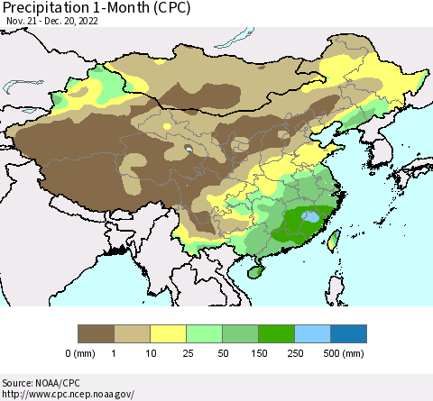 China, Mongolia and Taiwan Precipitation 1-Month (CPC) Thematic Map For 11/21/2022 - 12/20/2022