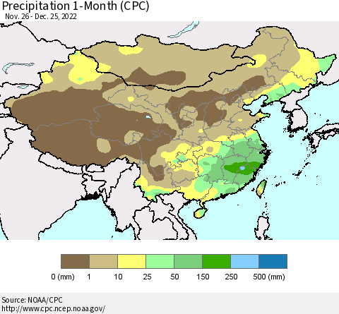 China, Mongolia and Taiwan Precipitation 1-Month (CPC) Thematic Map For 11/26/2022 - 12/25/2022