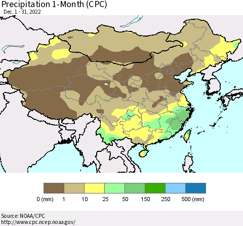 China, Mongolia and Taiwan Precipitation 1-Month (CPC) Thematic Map For 12/1/2022 - 12/31/2022
