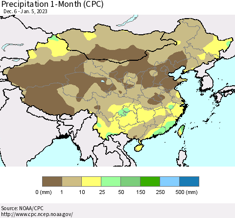 China, Mongolia and Taiwan Precipitation 1-Month (CPC) Thematic Map For 12/6/2022 - 1/5/2023