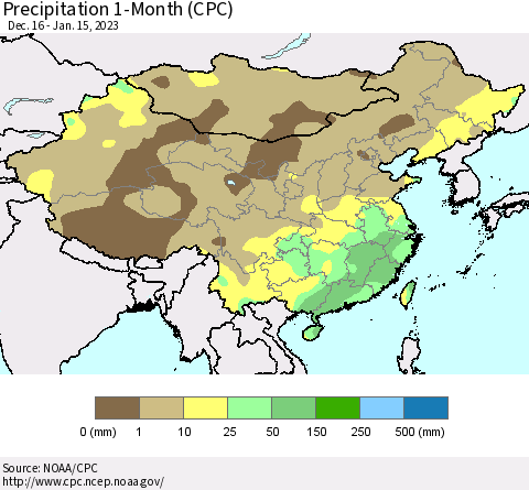 China, Mongolia and Taiwan Precipitation 1-Month (CPC) Thematic Map For 12/16/2022 - 1/15/2023