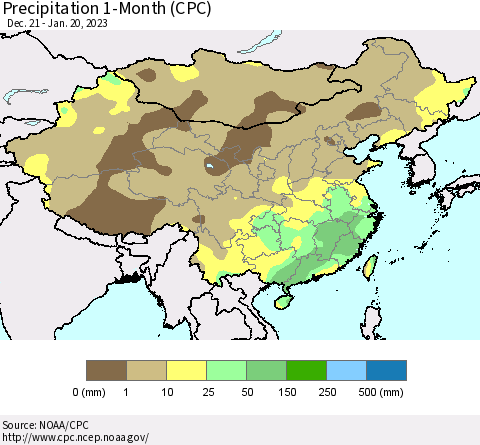 China, Mongolia and Taiwan Precipitation 1-Month (CPC) Thematic Map For 12/21/2022 - 1/20/2023