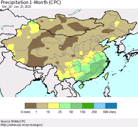 China, Mongolia and Taiwan Precipitation 1-Month (CPC) Thematic Map For 12/26/2022 - 1/25/2023