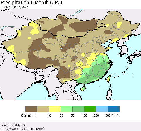 China, Mongolia and Taiwan Precipitation 1-Month (CPC) Thematic Map For 1/6/2023 - 2/5/2023