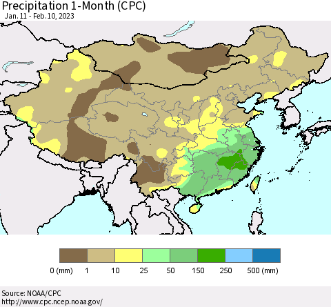 China, Mongolia and Taiwan Precipitation 1-Month (CPC) Thematic Map For 1/11/2023 - 2/10/2023