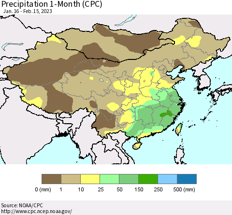 China, Mongolia and Taiwan Precipitation 1-Month (CPC) Thematic Map For 1/16/2023 - 2/15/2023