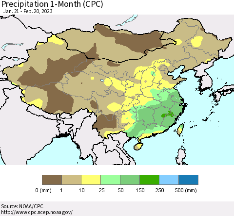 China, Mongolia and Taiwan Precipitation 1-Month (CPC) Thematic Map For 1/21/2023 - 2/20/2023