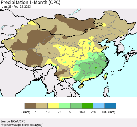 China, Mongolia and Taiwan Precipitation 1-Month (CPC) Thematic Map For 1/26/2023 - 2/25/2023