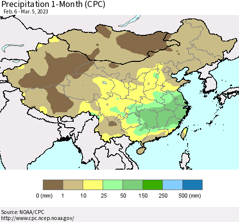 China, Mongolia and Taiwan Precipitation 1-Month (CPC) Thematic Map For 2/6/2023 - 3/5/2023
