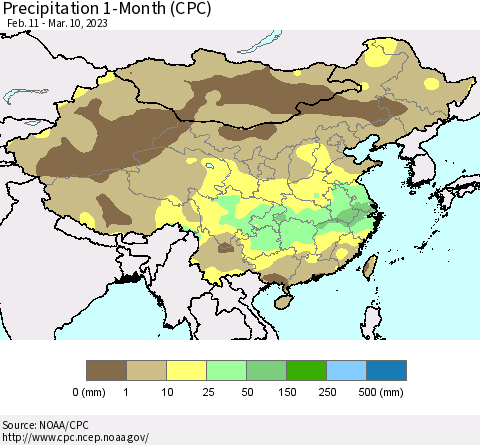 China, Mongolia and Taiwan Precipitation 1-Month (CPC) Thematic Map For 2/11/2023 - 3/10/2023