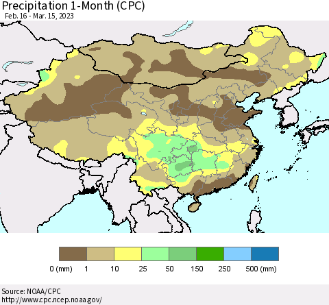 China, Mongolia and Taiwan Precipitation 1-Month (CPC) Thematic Map For 2/16/2023 - 3/15/2023