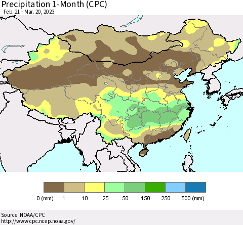 China, Mongolia and Taiwan Precipitation 1-Month (CPC) Thematic Map For 2/21/2023 - 3/20/2023