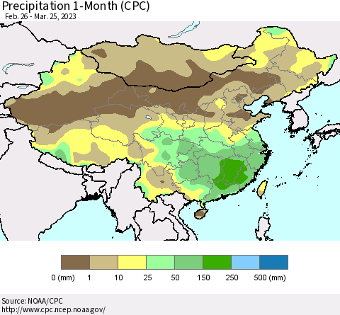 China, Mongolia and Taiwan Precipitation 1-Month (CPC) Thematic Map For 2/26/2023 - 3/25/2023