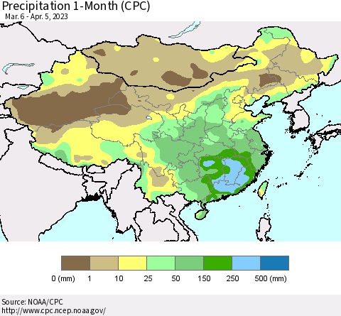 China, Mongolia and Taiwan Precipitation 1-Month (CPC) Thematic Map For 3/6/2023 - 4/5/2023