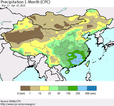 China, Mongolia and Taiwan Precipitation 1-Month (CPC) Thematic Map For 3/11/2023 - 4/10/2023