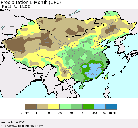 China, Mongolia and Taiwan Precipitation 1-Month (CPC) Thematic Map For 3/16/2023 - 4/15/2023