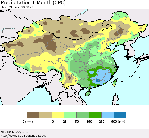 China, Mongolia and Taiwan Precipitation 1-Month (CPC) Thematic Map For 3/21/2023 - 4/20/2023