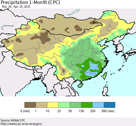 China, Mongolia and Taiwan Precipitation 1-Month (CPC) Thematic Map For 3/26/2023 - 4/25/2023