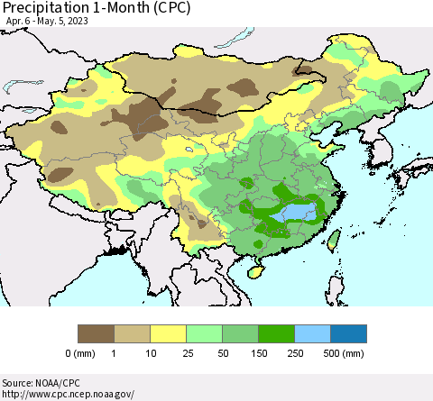 China, Mongolia and Taiwan Precipitation 1-Month (CPC) Thematic Map For 4/6/2023 - 5/5/2023