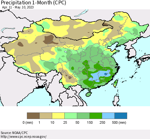 China, Mongolia and Taiwan Precipitation 1-Month (CPC) Thematic Map For 4/11/2023 - 5/10/2023