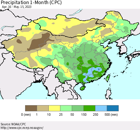 China, Mongolia and Taiwan Precipitation 1-Month (CPC) Thematic Map For 4/16/2023 - 5/15/2023