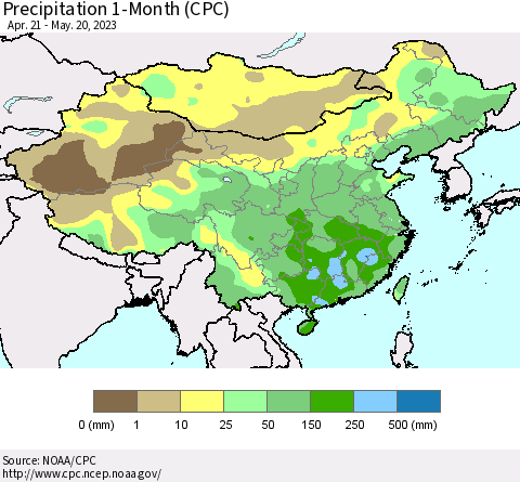 China, Mongolia and Taiwan Precipitation 1-Month (CPC) Thematic Map For 4/21/2023 - 5/20/2023